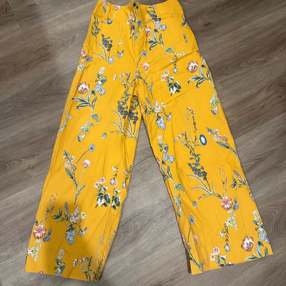 Anthropologie Yellow Floral Wide Leg Pants